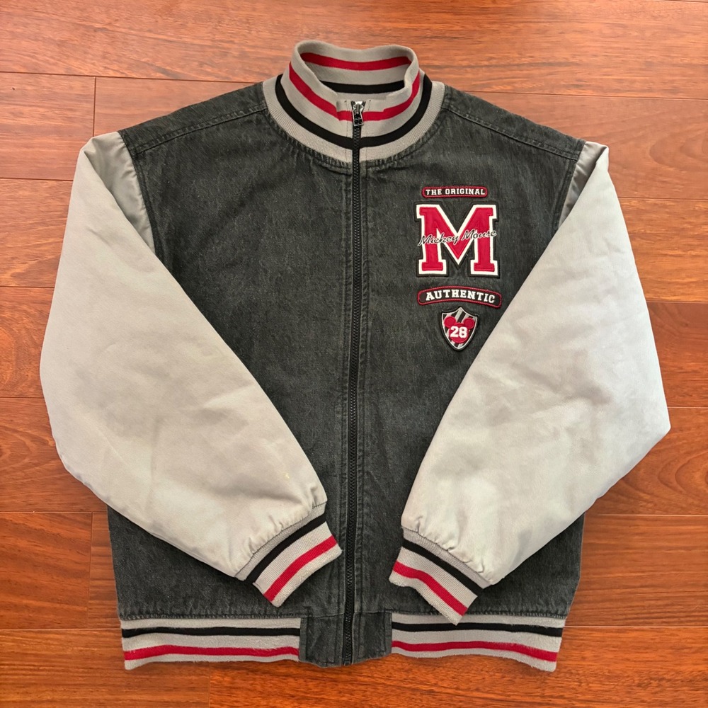 Disney Store Mens Mickey Mouse Varsity Bomber Jacket Small Black Gray Denim Zip